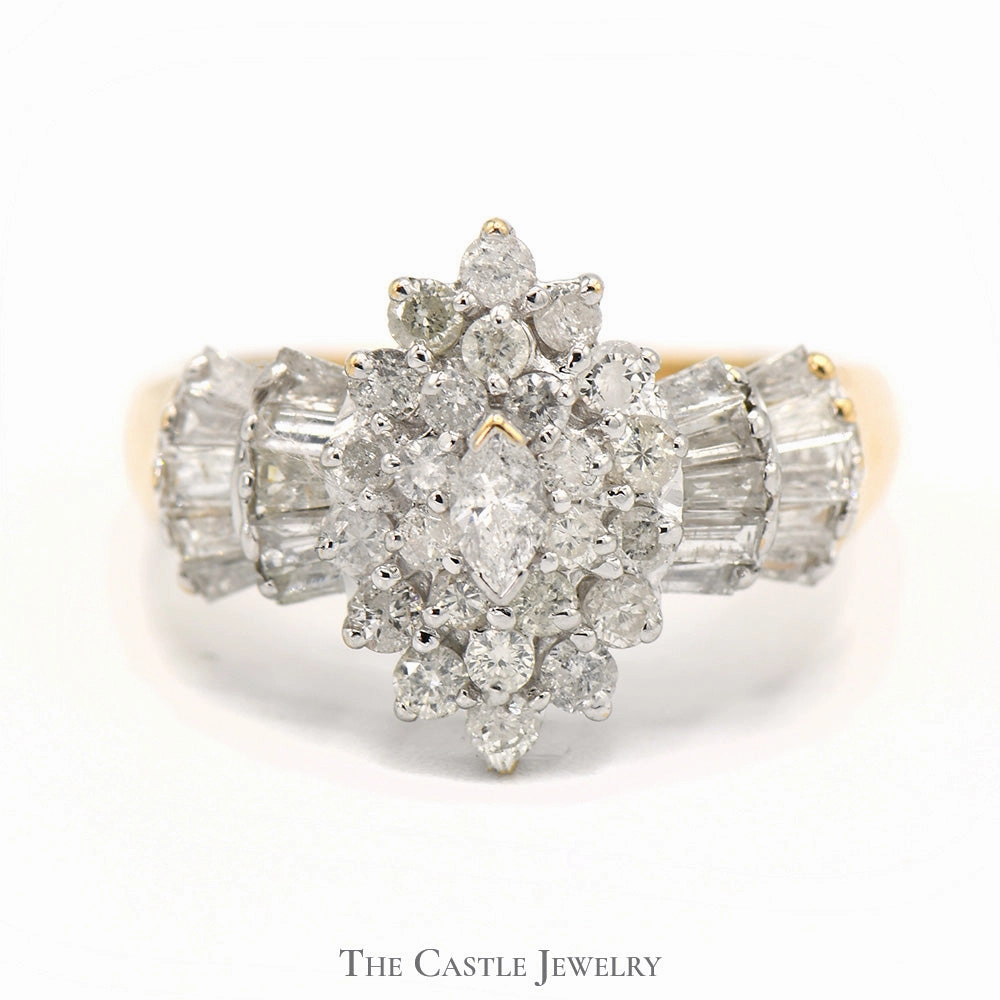 Minimalist Choice Marquise Shaped 1cttw Diamond Cluster Ring with Baguette Accents in 10k Yellow Gold