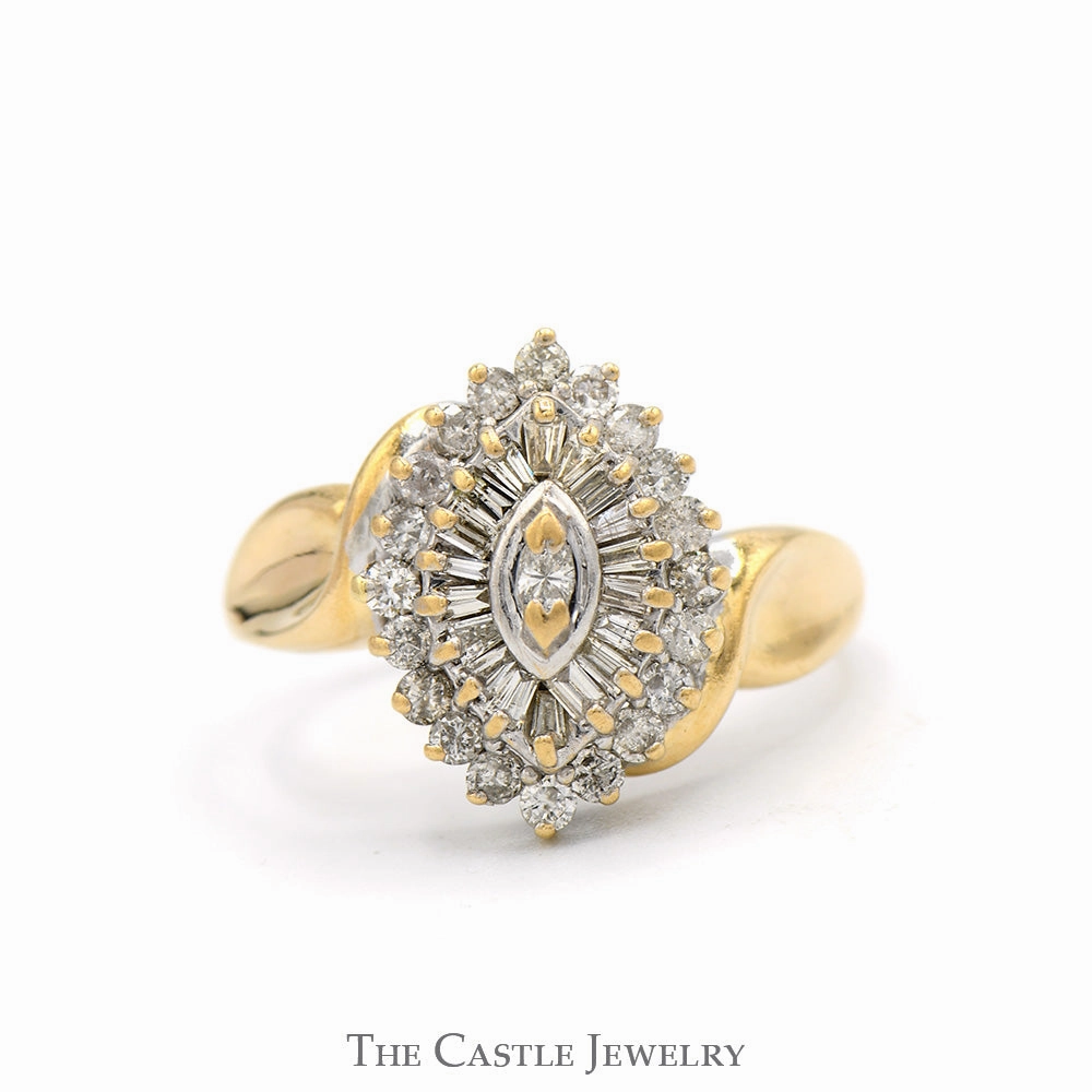 Marquise Shaped Cluster Ring with Baguette & Round Diamonds in 14k Yellow Gold Body Adornment