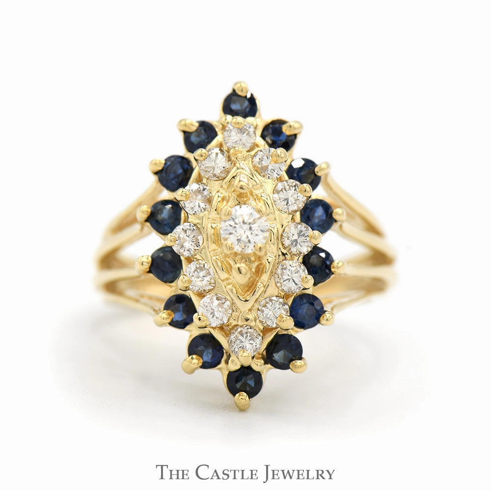 Marquise Shaped Diamond & Sapphire Cluster Ring with Split Sides in 14k Yellow Gold Universal Design High-End Object