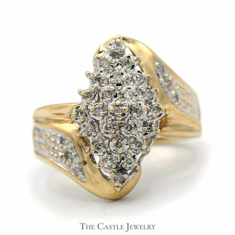 Practical Appearance Perfect Fit Marquise Shaped Diamond Cluster Bypass Ring in 10k Yellow Gold