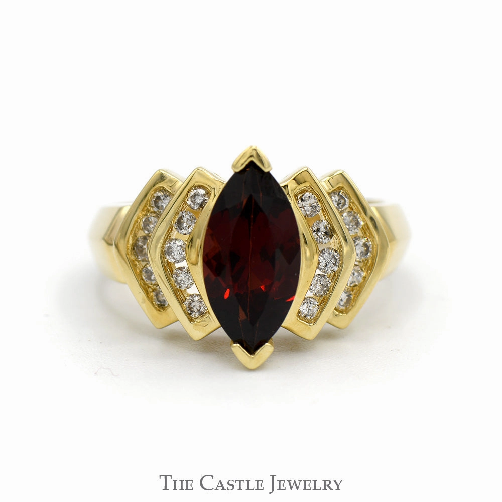 Marquise Shaped Garnet Solitaire Ring with Diamond Accents in 14k Yellow Gold Trendy Style Polished Form