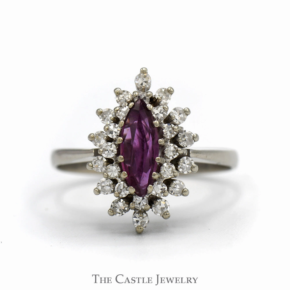 Marquise Shaped Ruby Ring with Double Diamond Halo in 14k White Gold Excellent Craft HighEnd Symbol