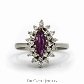 Marquise Shaped Ruby Ring with Double Diamond Halo in 14k White Gold Excellent Craft HighEnd Symbol