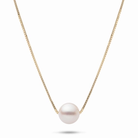 16-18" Adjustable Akoya White Pearl Necklace in Gold - 8mm Modern Look Timeless Duo