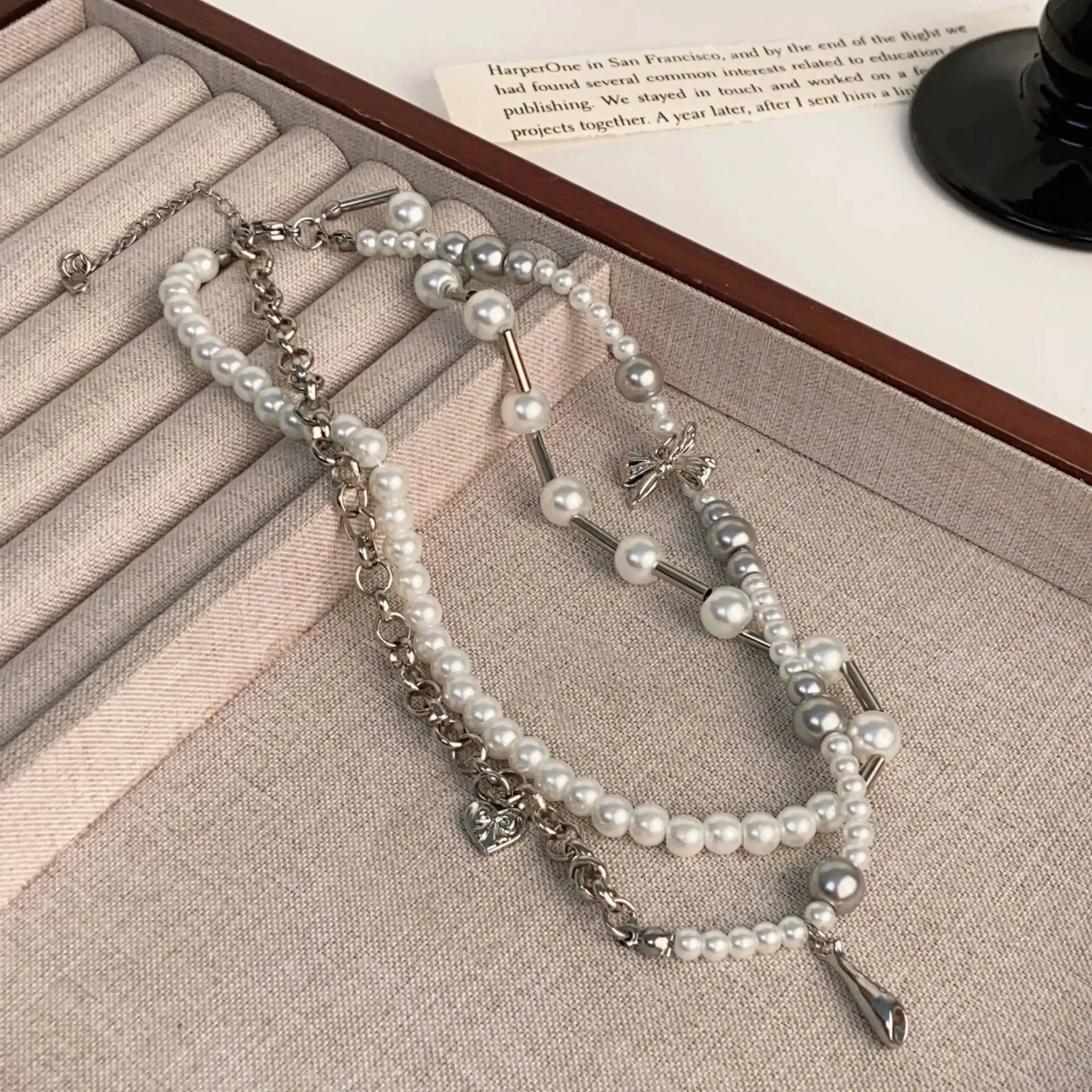 MAYTRENDS  -  Bow Knot White Bead String Imitation Pearl Double-layer Strap Necklace Collarbone Chain