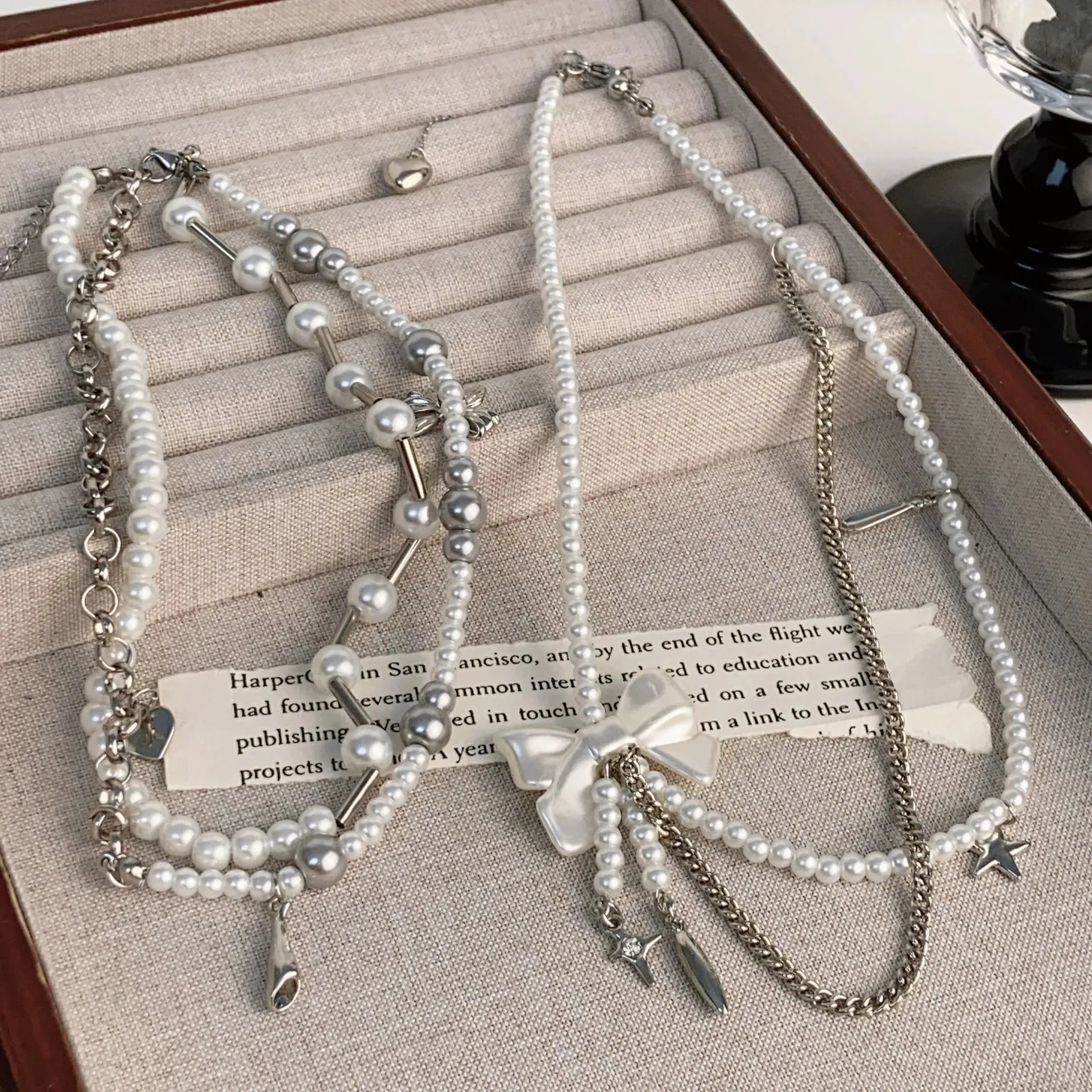 MAYTRENDS  -  Bow Knot White Bead String Imitation Pearl Double-layer Strap Necklace Collarbone Chain
