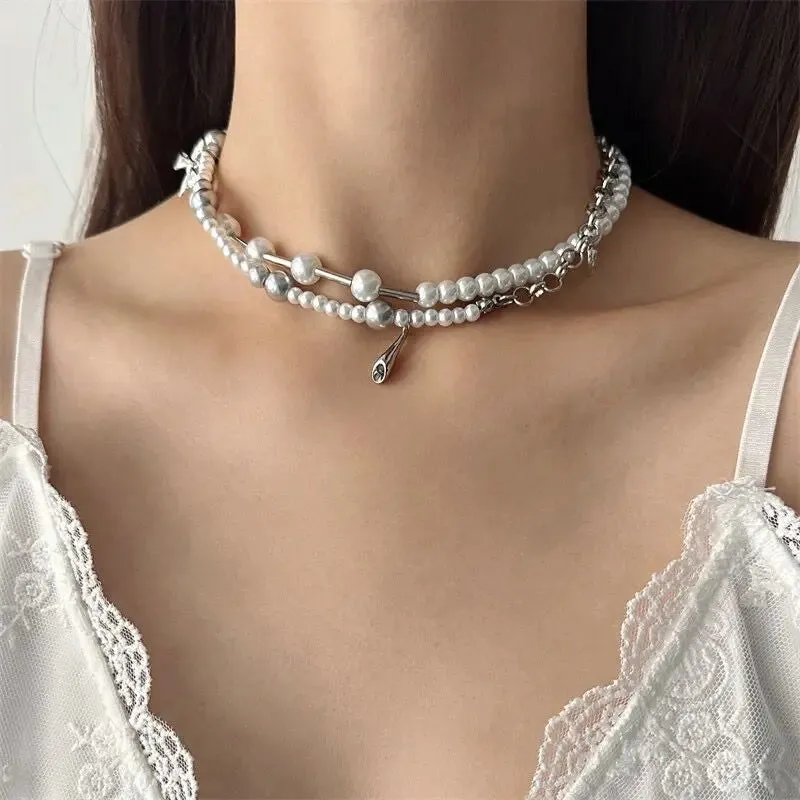 MAYTRENDS  -  Bow Knot White Bead String Imitation Pearl Double-layer Strap Necklace Collarbone Chain