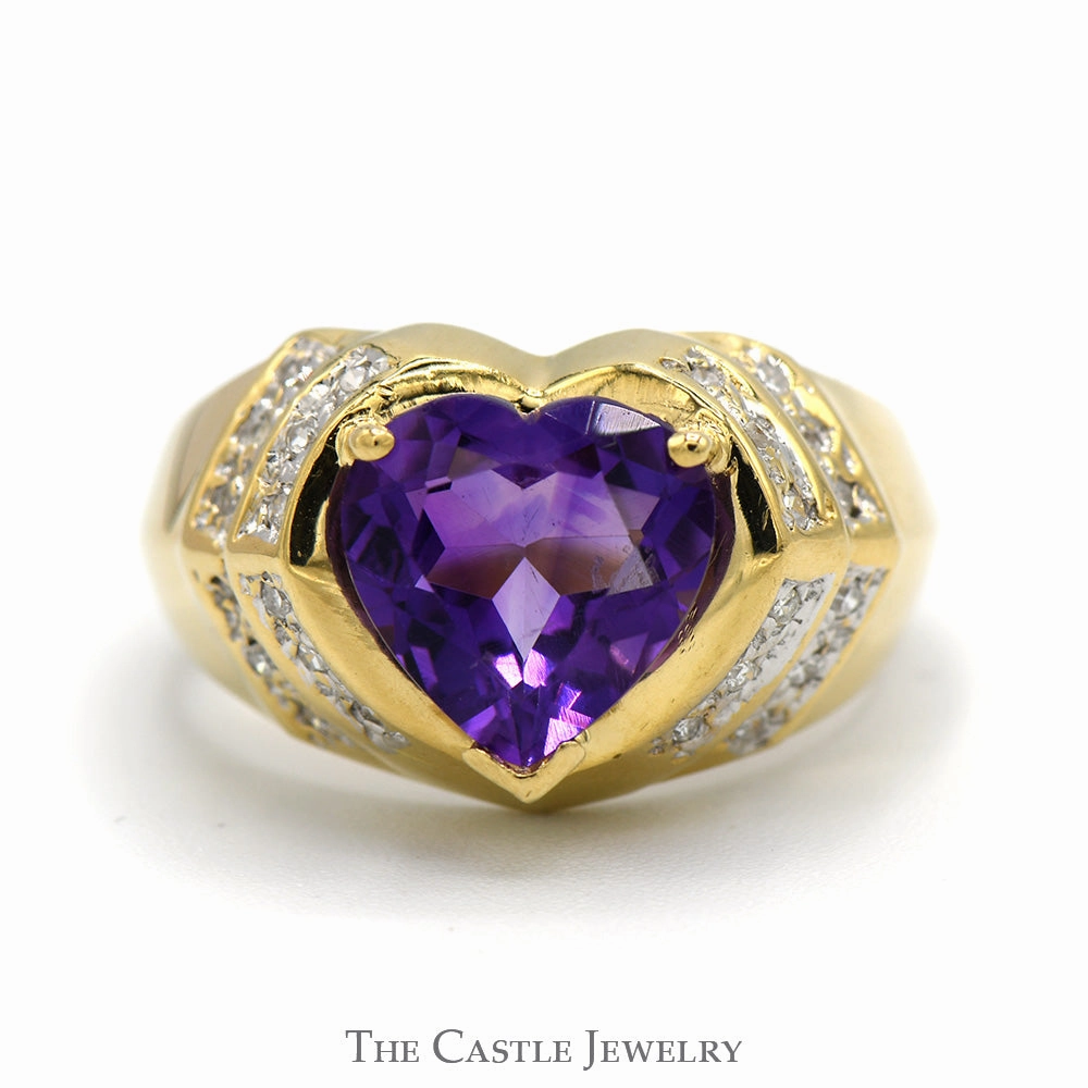 Designer Craft Heart Shaped Amethyst Ring with Diamond Accents in 14k Yellow Gold Ridged Mounting