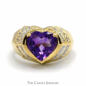 Designer Craft Heart Shaped Amethyst Ring with Diamond Accents in 14k Yellow Gold Ridged Mounting