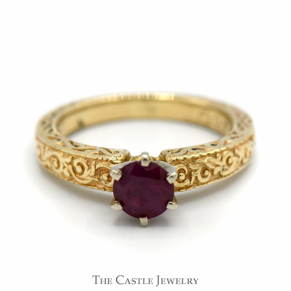 Round Ruby Ring with Floral Scroll Designed Sides in 14k Yellow Gold Modern Bauble All Purpose Gift
