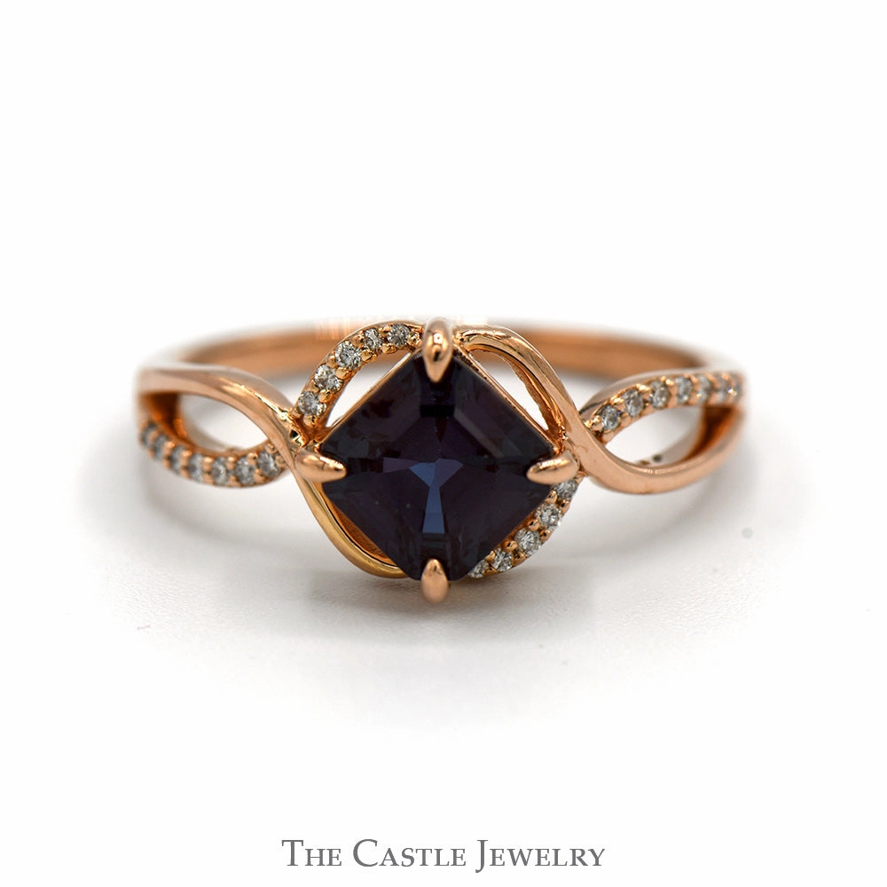 Square Cut Alexandrite Ring with Diamond Accented Split Shank Sides in 14k Rose Gold Evening Wear Polished Finish