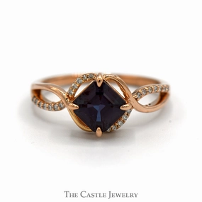 Square Cut Alexandrite Ring with Diamond Accented Split Shank Sides in 14k Rose Gold Evening Wear Polished Finish