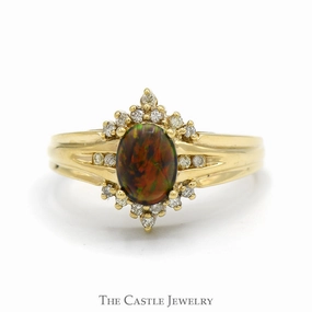 Modern Mark Affordable Creation Oval Cabochon Opal Ring with Diamond Accents in 10k Yellow Gold