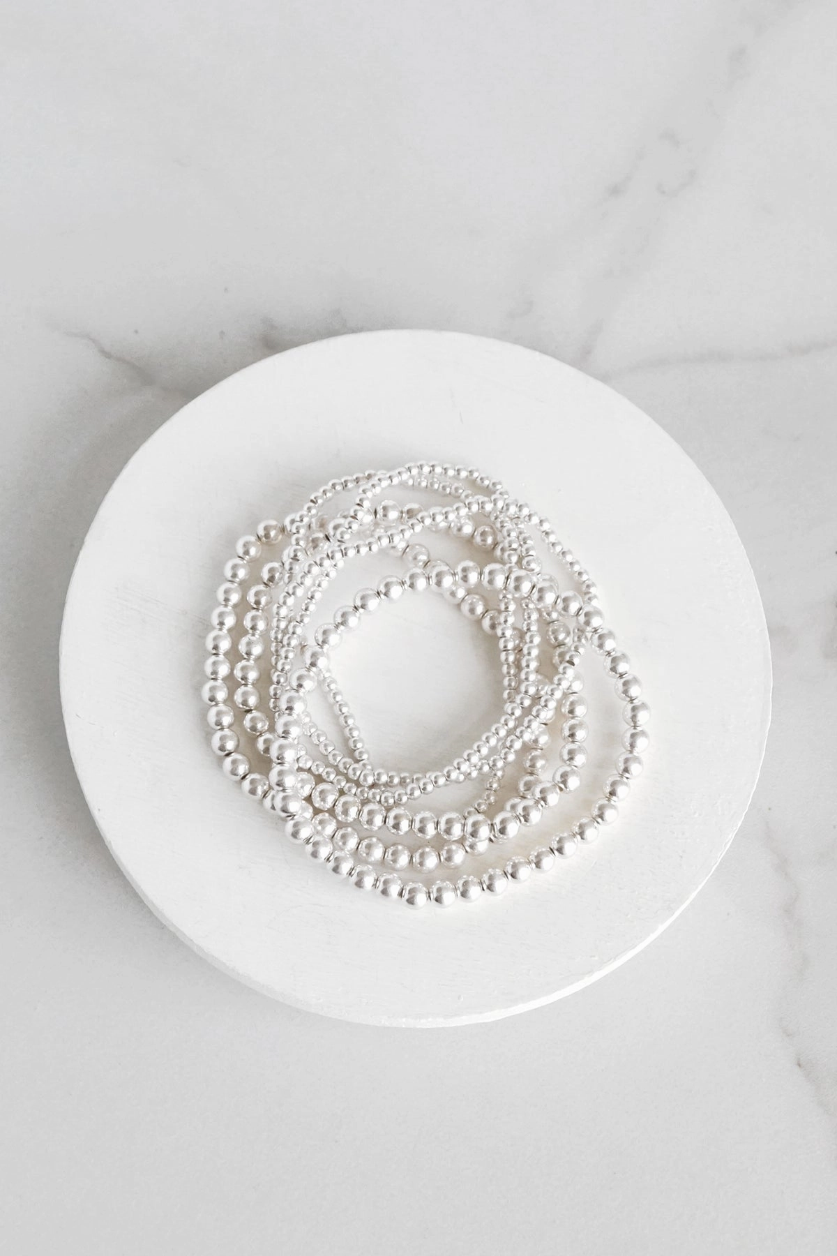 Silver tone multi size beaded bracelet stack of 6 bracelets Current Moment