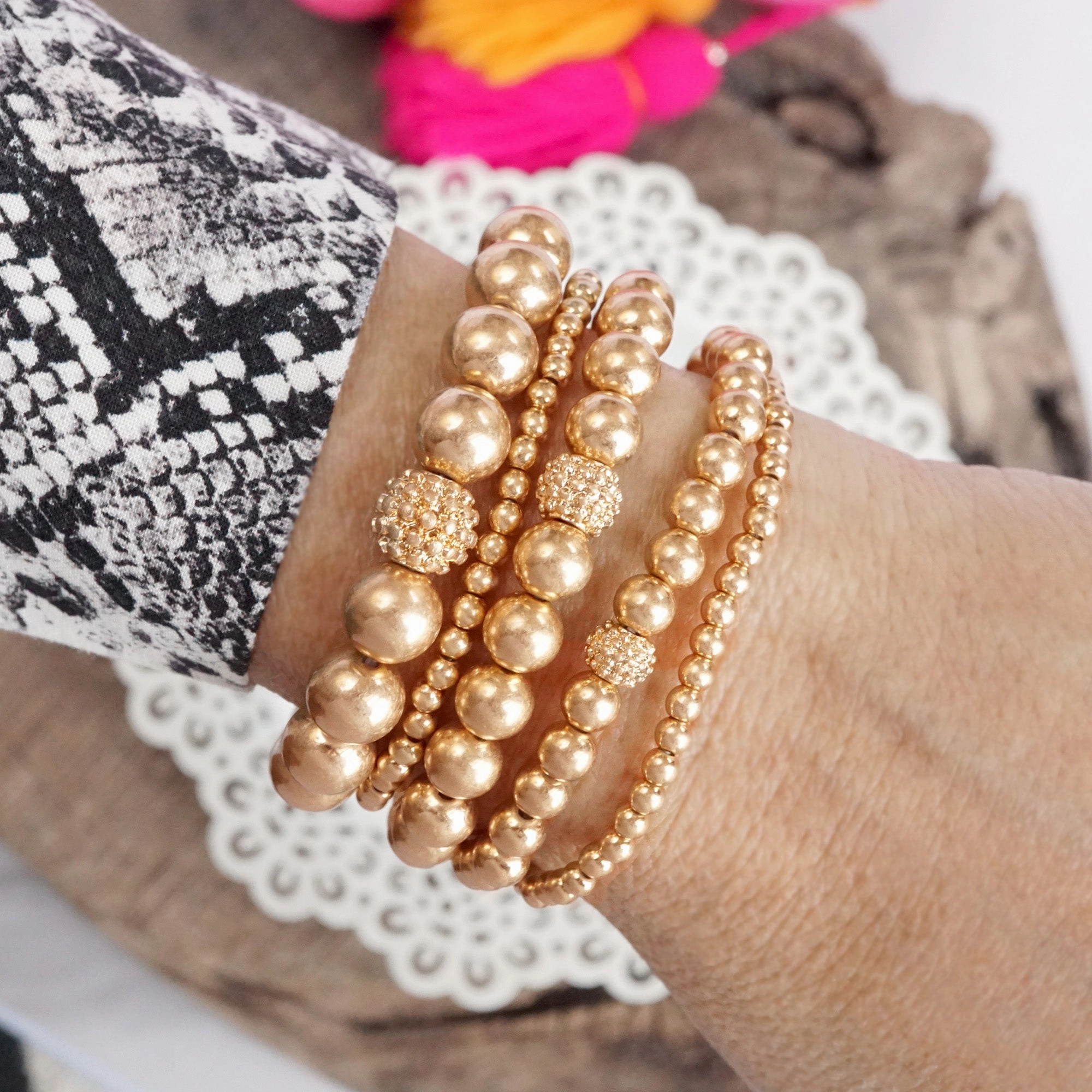 Multi size ball beaded bracelet stack Worn Gold tone bracelet set Exemplary Option Pan-Regional Combinations