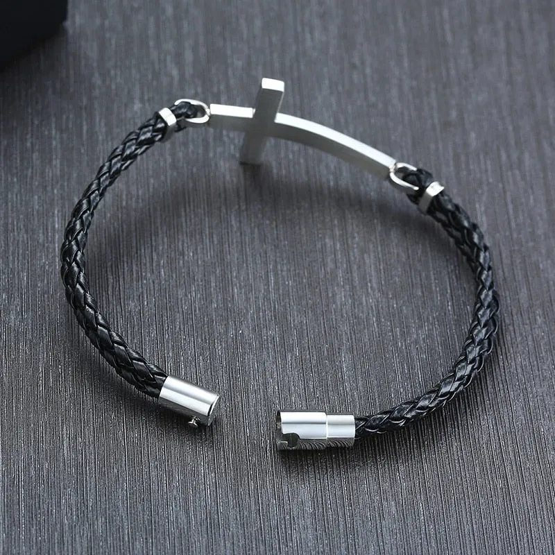 MEN BLACK CROSS DOUBLE BRAIDED LEATHER BRACELET MAGENTIC CLASP