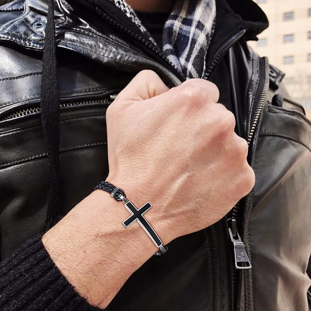MEN BLACK CROSS DOUBLE BRAIDED LEATHER BRACELET MAGENTIC CLASP