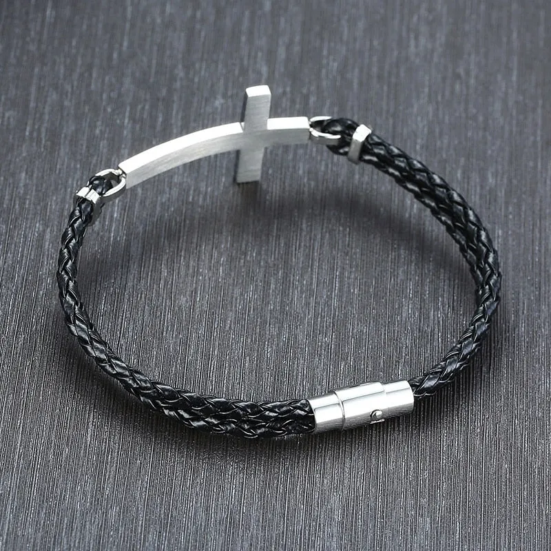 MEN BLACK CROSS DOUBLE BRAIDED LEATHER BRACELET MAGENTIC CLASP