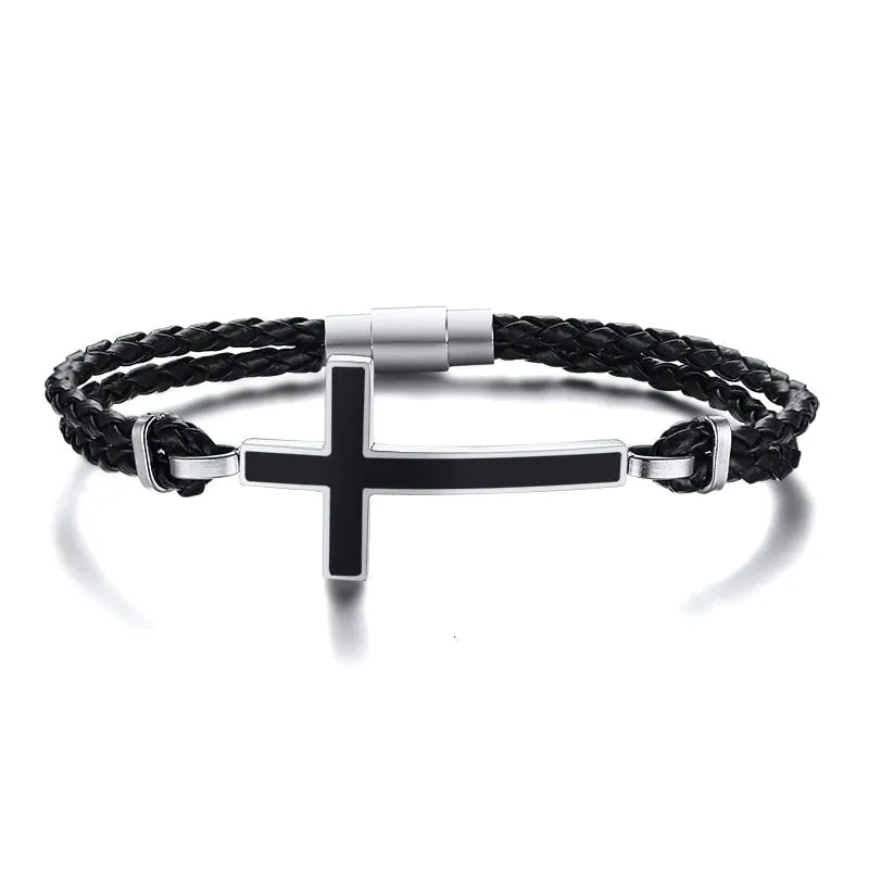 MEN BLACK CROSS DOUBLE BRAIDED LEATHER BRACELET MAGENTIC CLASP
