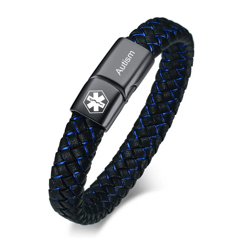 Men ID Bracelet Braided Leather Bangle with Clasp