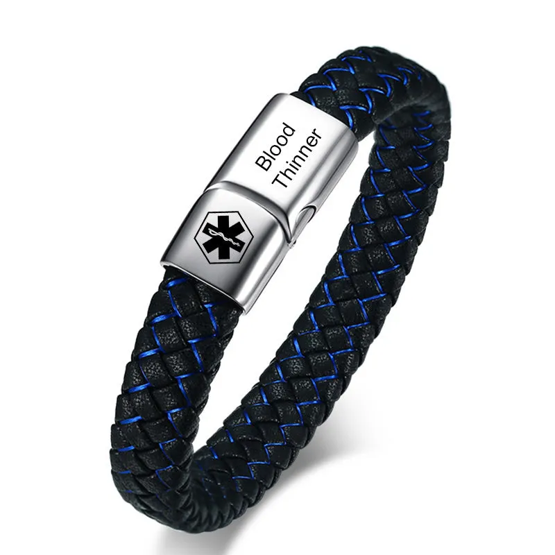 Men ID Bracelet Braided Leather Bangle with Clasp