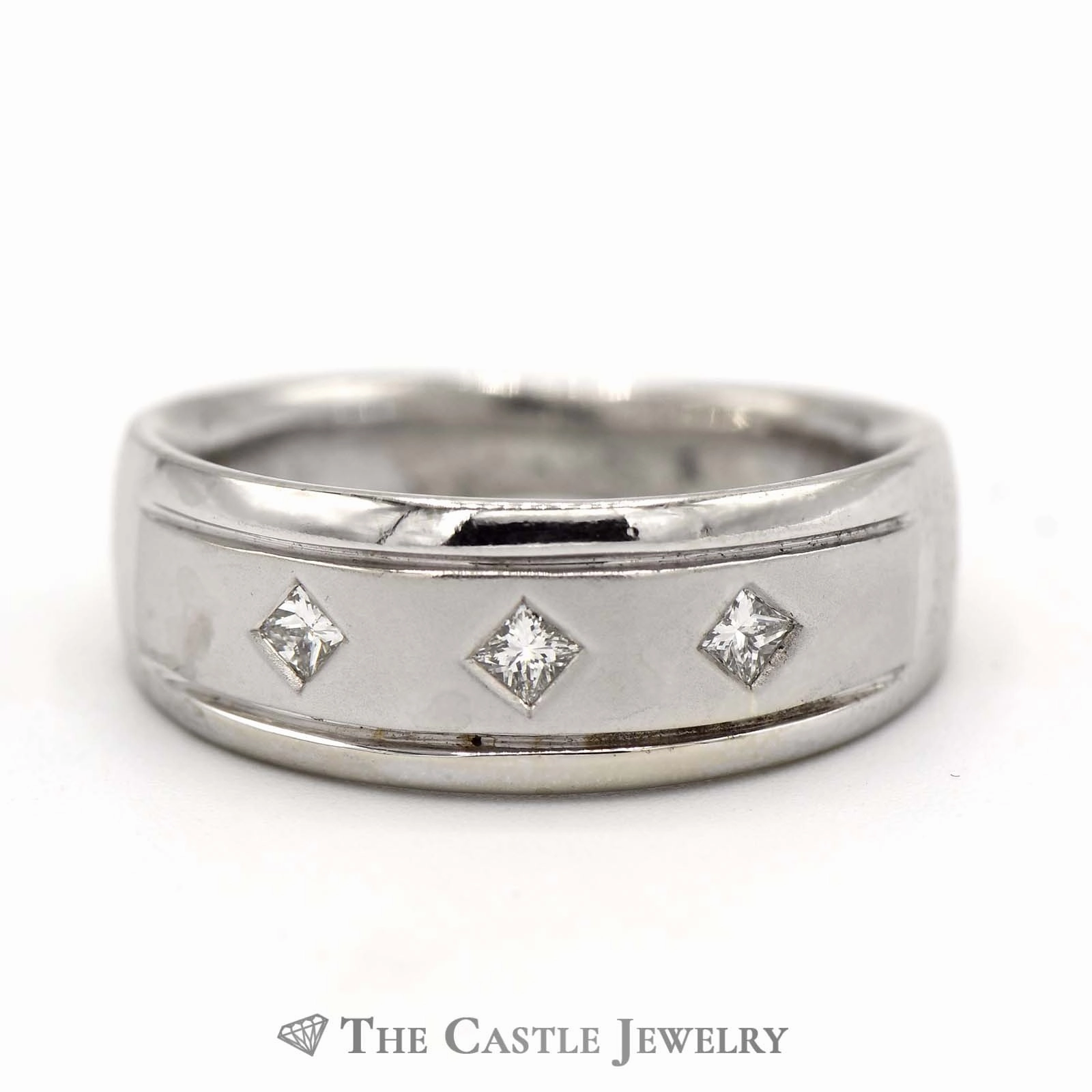 Creative Present Luxury Jewelry Men's Brushed & Polished 3 Princess Cut Diamond Wedding Band in 14K White Gold