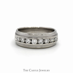 Eternal Expression Shiny Craft Men's Channel Set 8 Diamond Wedding Band with Milgrain Detail in 14k White Gold