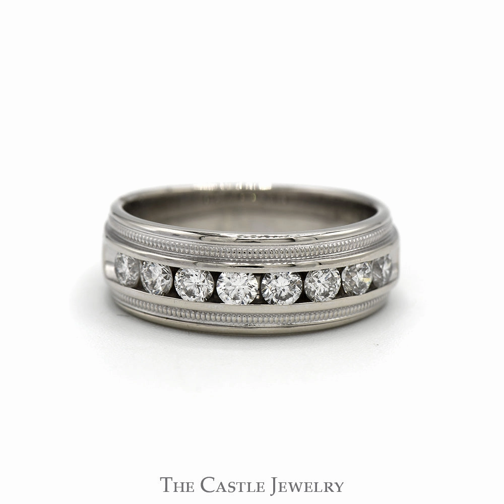 Eternal Expression Shiny Craft Men's Channel Set 8 Diamond Wedding Band with Milgrain Detail in 14k White Gold