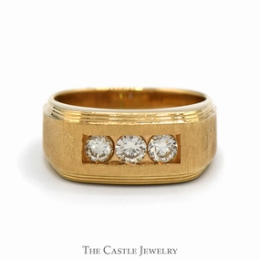 Excellent Adornment Men's Three Round Diamond Ring with Brushed Texture in 14k Yellow Gold