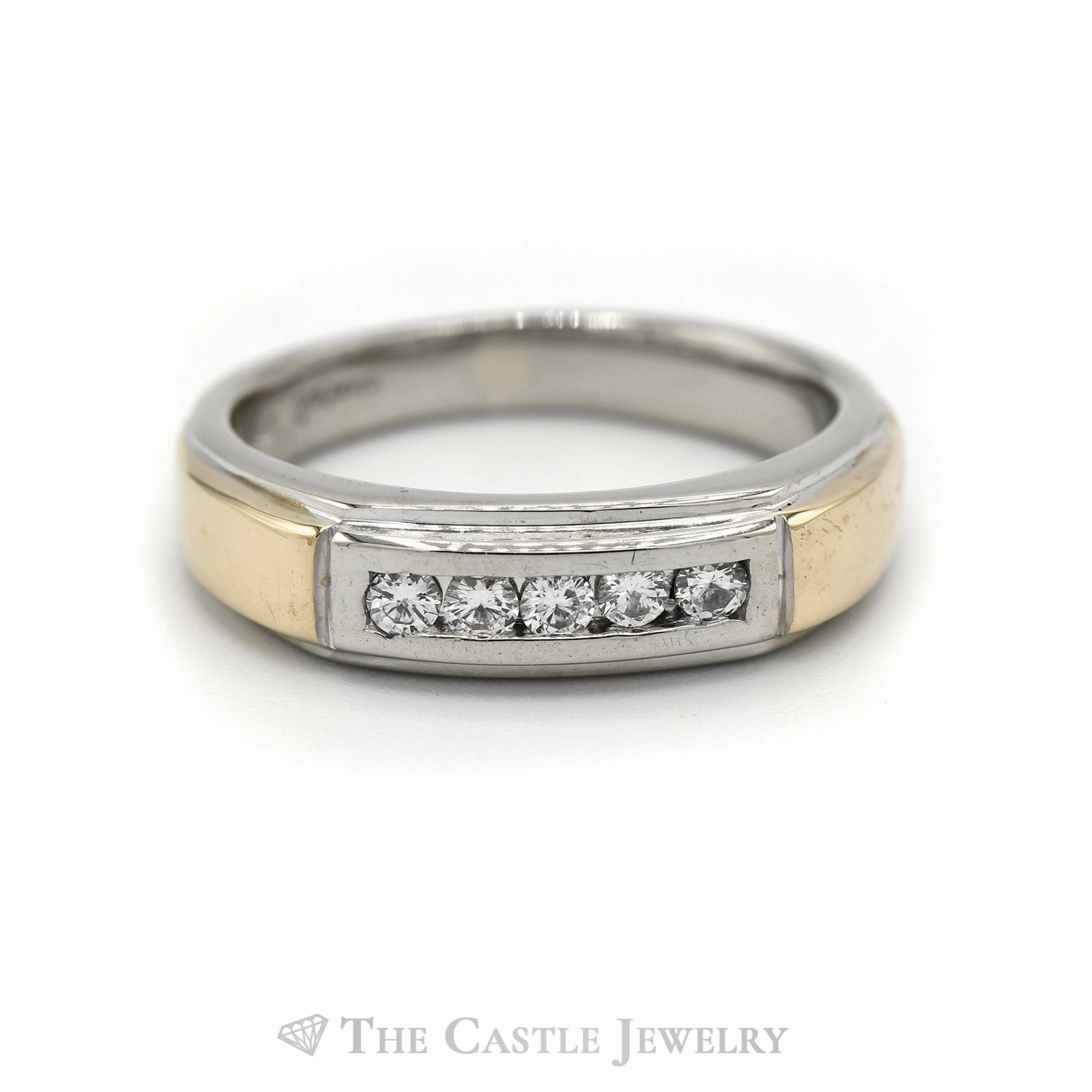 Luxury Creation Creative Emblem Men's Two-Toned Diamond Channel Set Wedding Band in 14KT White & Yellow Gold