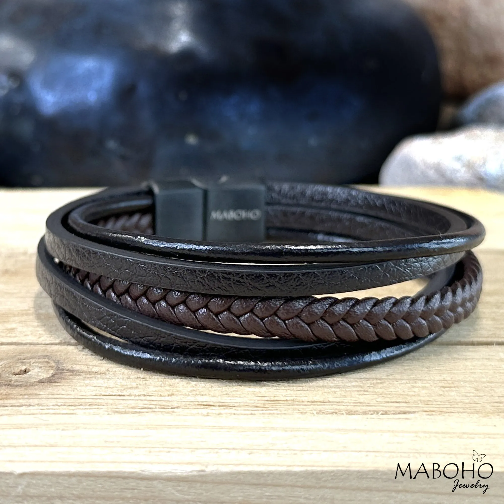 Men's 5 Layer Leather Black and Brown Bracelet