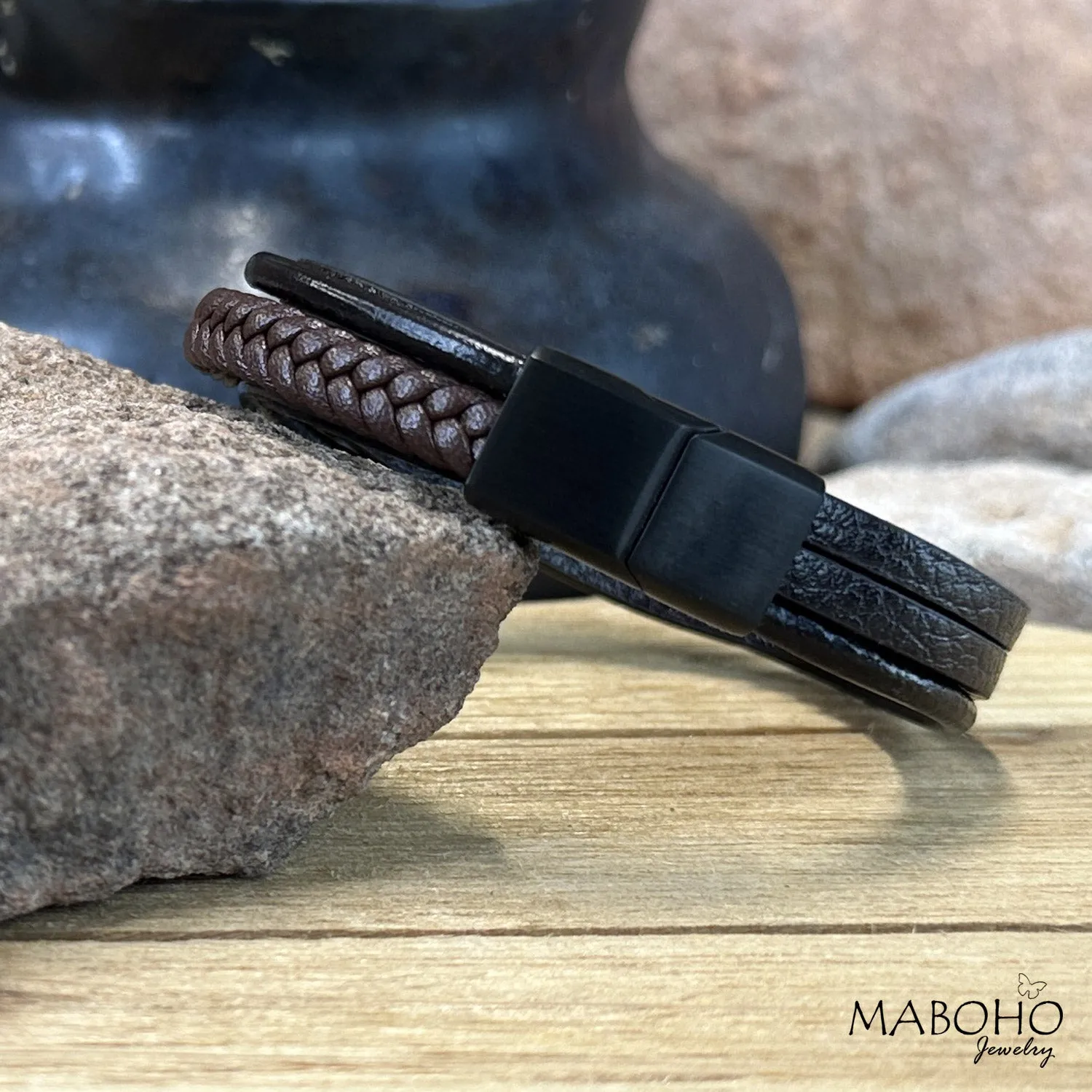Men's 5 Layer Leather Black and Brown Bracelet
