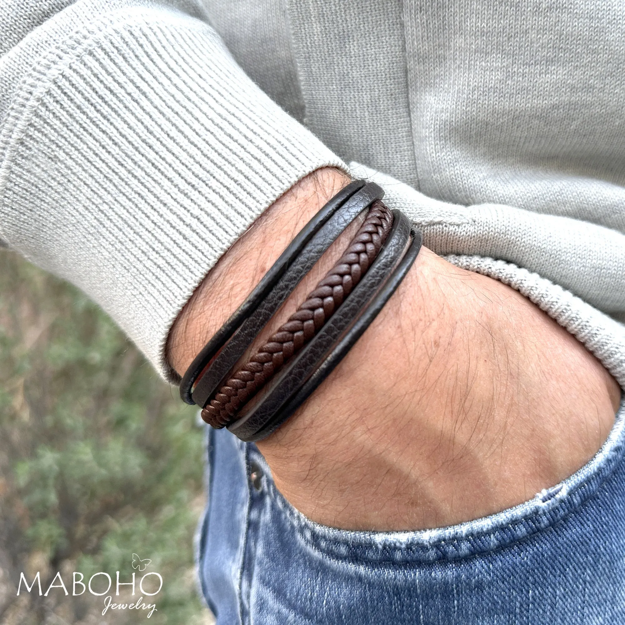 Men's 5 Layer Leather Black and Brown Bracelet