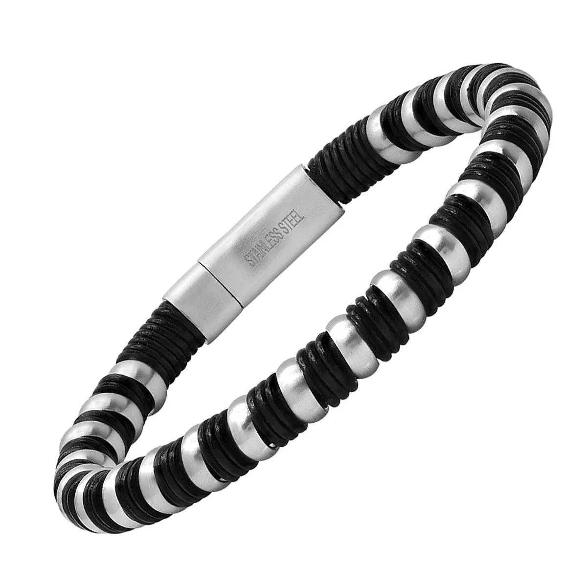 Men's Black Leather and Stainless Steel Braided Bracelet