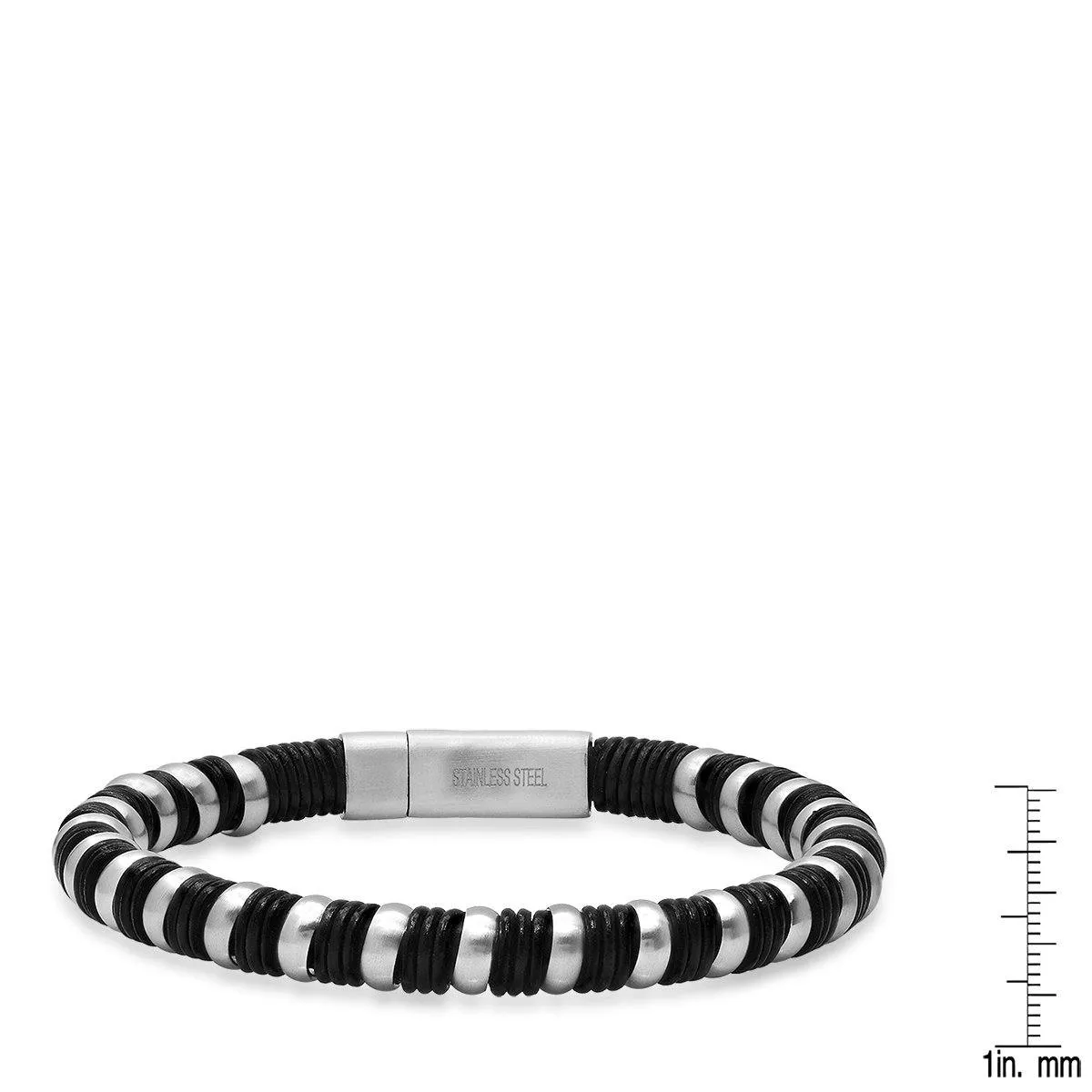 Men's Black Leather and Stainless Steel Braided Bracelet