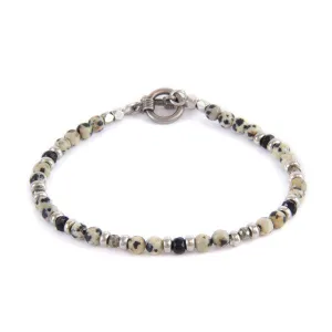 Mens Dalmatian Semi-Precious Stone and Small Black Faceted Accent Bead Toggle Bracelet