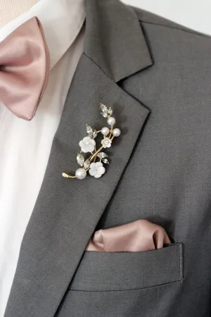 Mens elegant rhinestone crystal branch boutonniere, wedding lapel rose pin