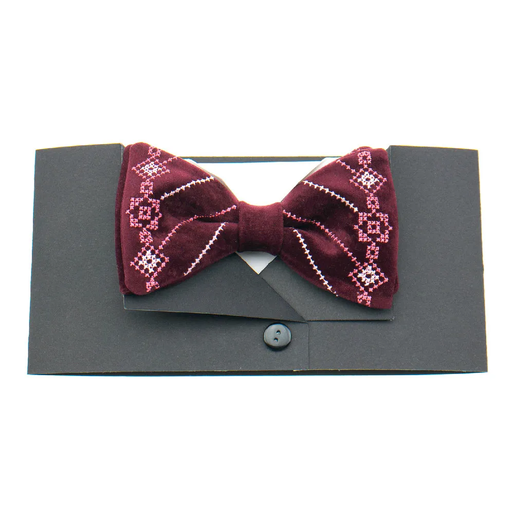 Men's Embroidered Bowtie- Burgundy Suede