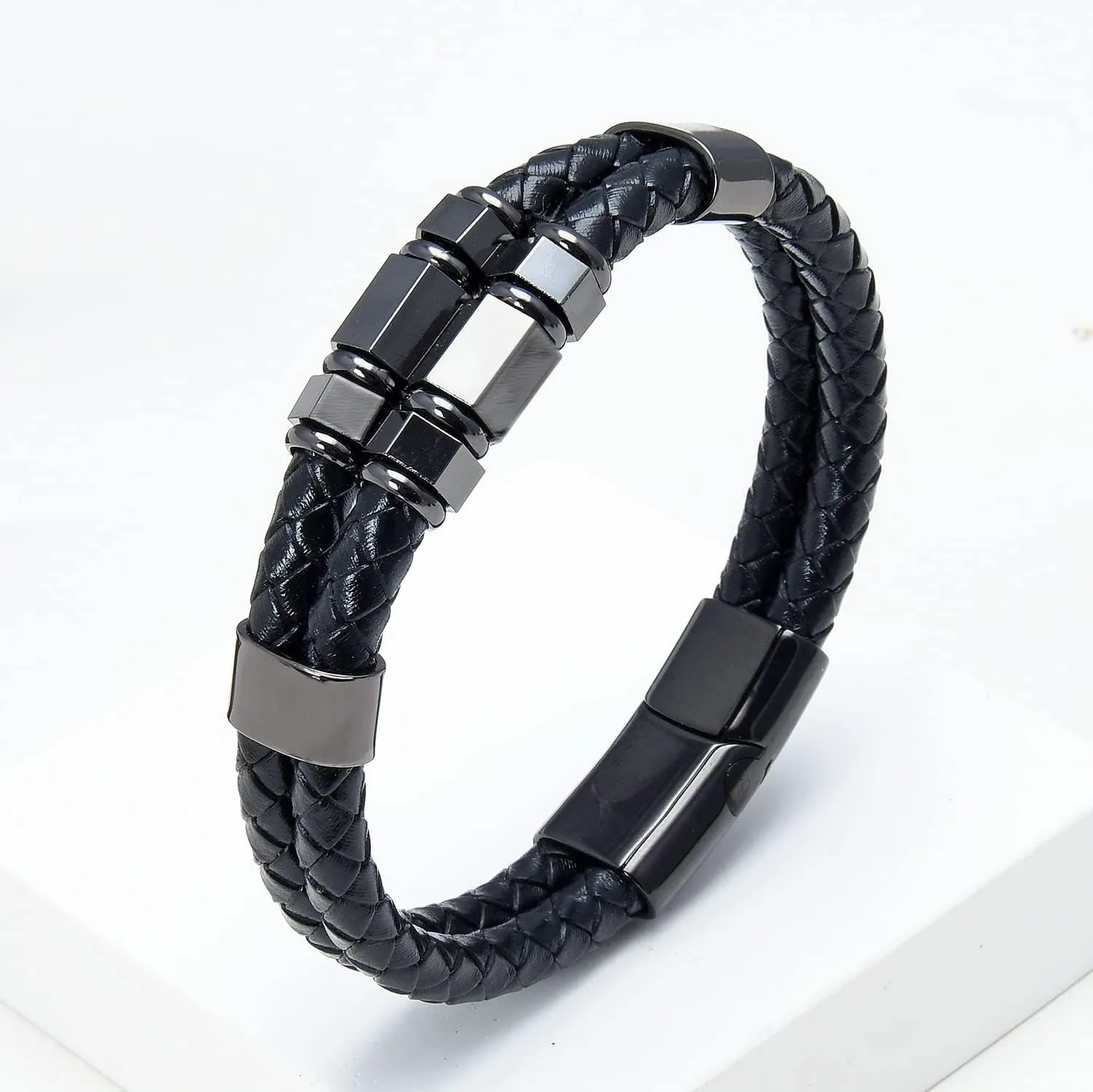 Mens Fashion Jewelry Multilayer Genuine Leather Bracelets Bangles Geometric Stainless Steel Charm Bracelet Men Gifts PO76R (Gold-Black-23cm)