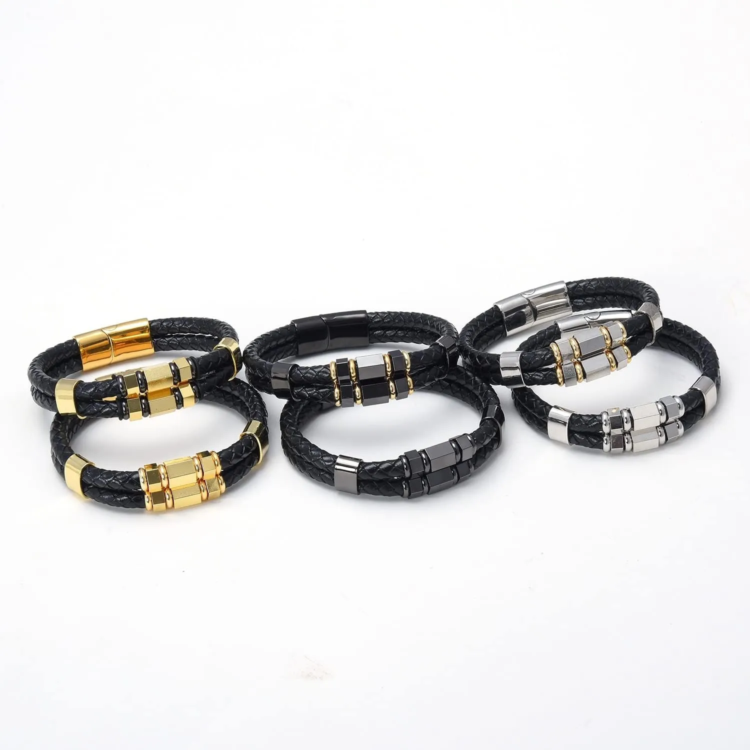 Mens Fashion Jewelry Multilayer Genuine Leather Bracelets Bangles Geometric Stainless Steel Charm Bracelet Men Gifts PO76R (Gold-Black-23cm)