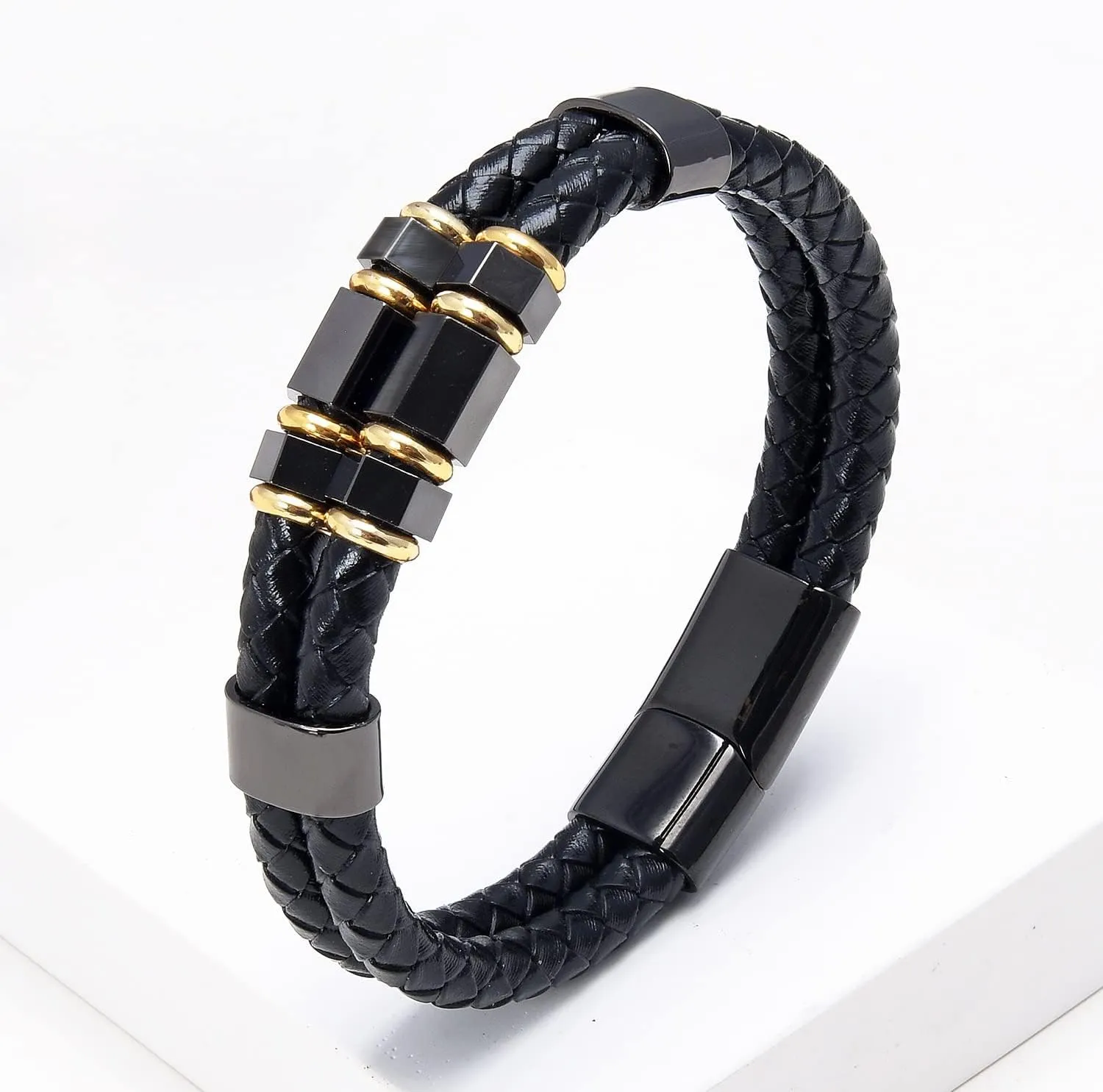 Mens Fashion Jewelry Multilayer Genuine Leather Bracelets Bangles Geometric Stainless Steel Charm Bracelet Men Gifts PO76R (Gold-Black-23cm)