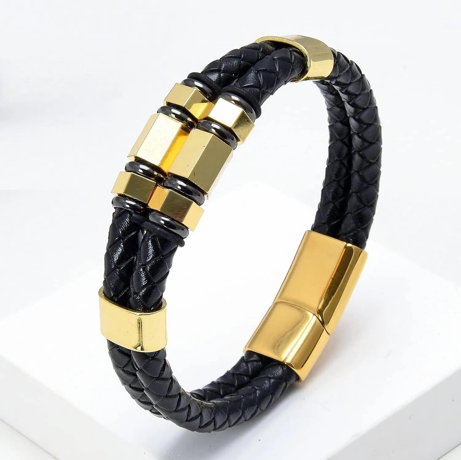 Mens Fashion Jewelry Multilayer Genuine Leather Bracelets Bangles Geometric Stainless Steel Charm Bracelet Men Gifts PO76R (Gold-Black-23cm)