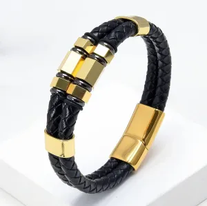 Mens Fashion Jewelry Multilayer Genuine Leather Bracelets Bangles Geometric Stainless Steel Charm Bracelet Men Gifts PO76R (Gold-Black-23cm)