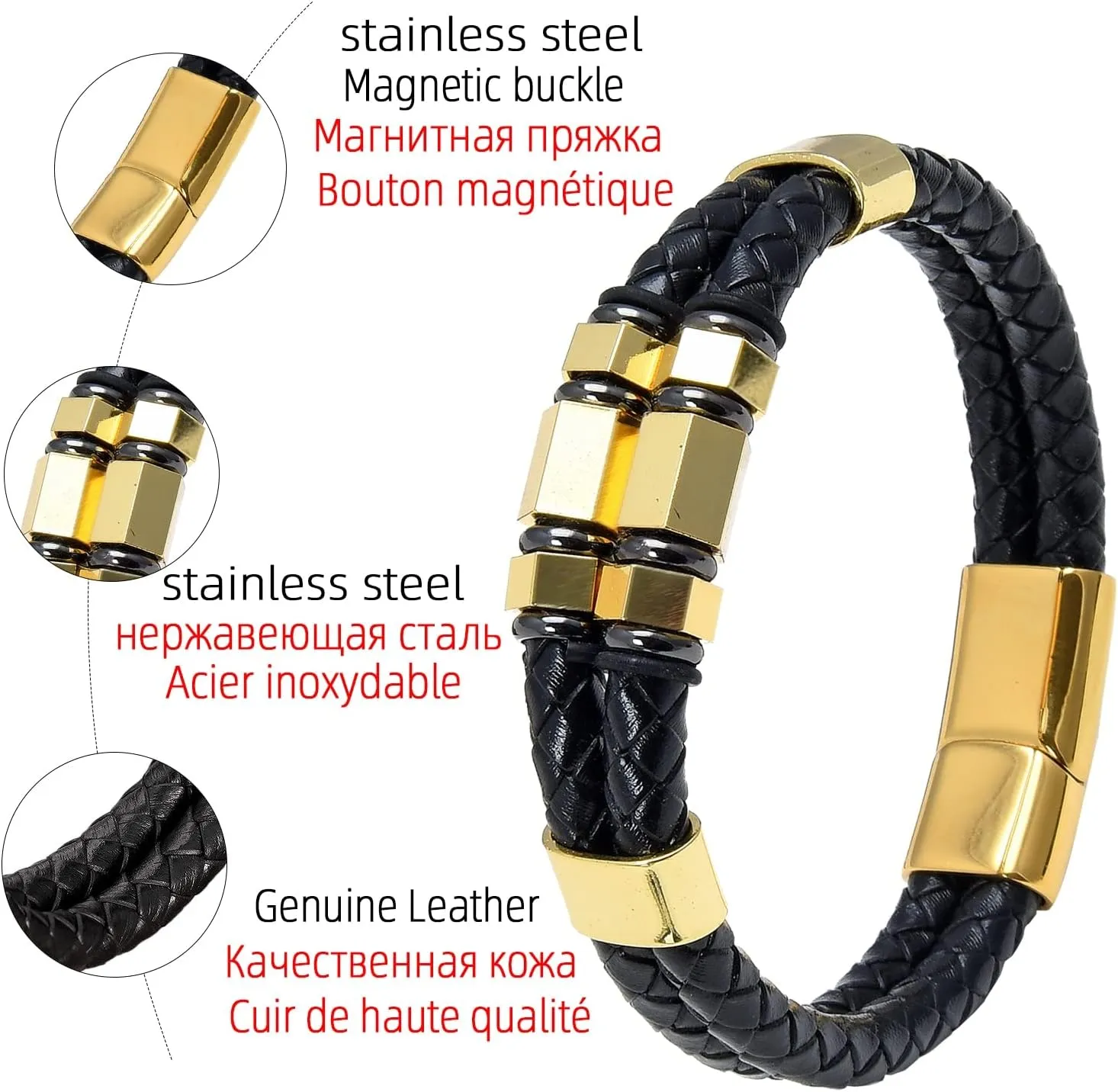 Mens Fashion Jewelry Multilayer Genuine Leather Bracelets Bangles Geometric Stainless Steel Charm Bracelet Men Gifts PO76R (Gold-Black-23cm)