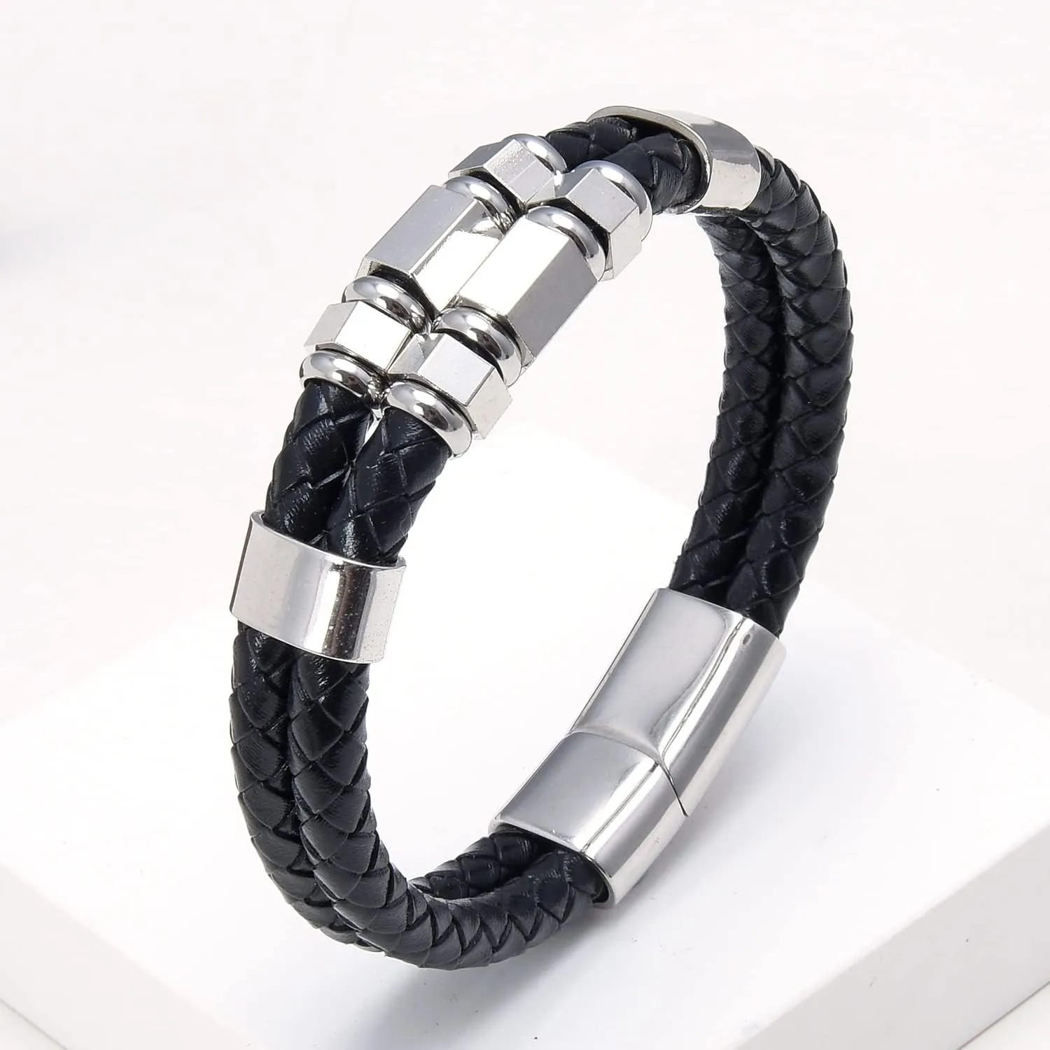 Mens Fashion Jewelry Multilayer Genuine Leather Bracelets Bangles Geometric Stainless Steel Charm Bracelet Men Gifts PO76R (Gold-Black-23cm)