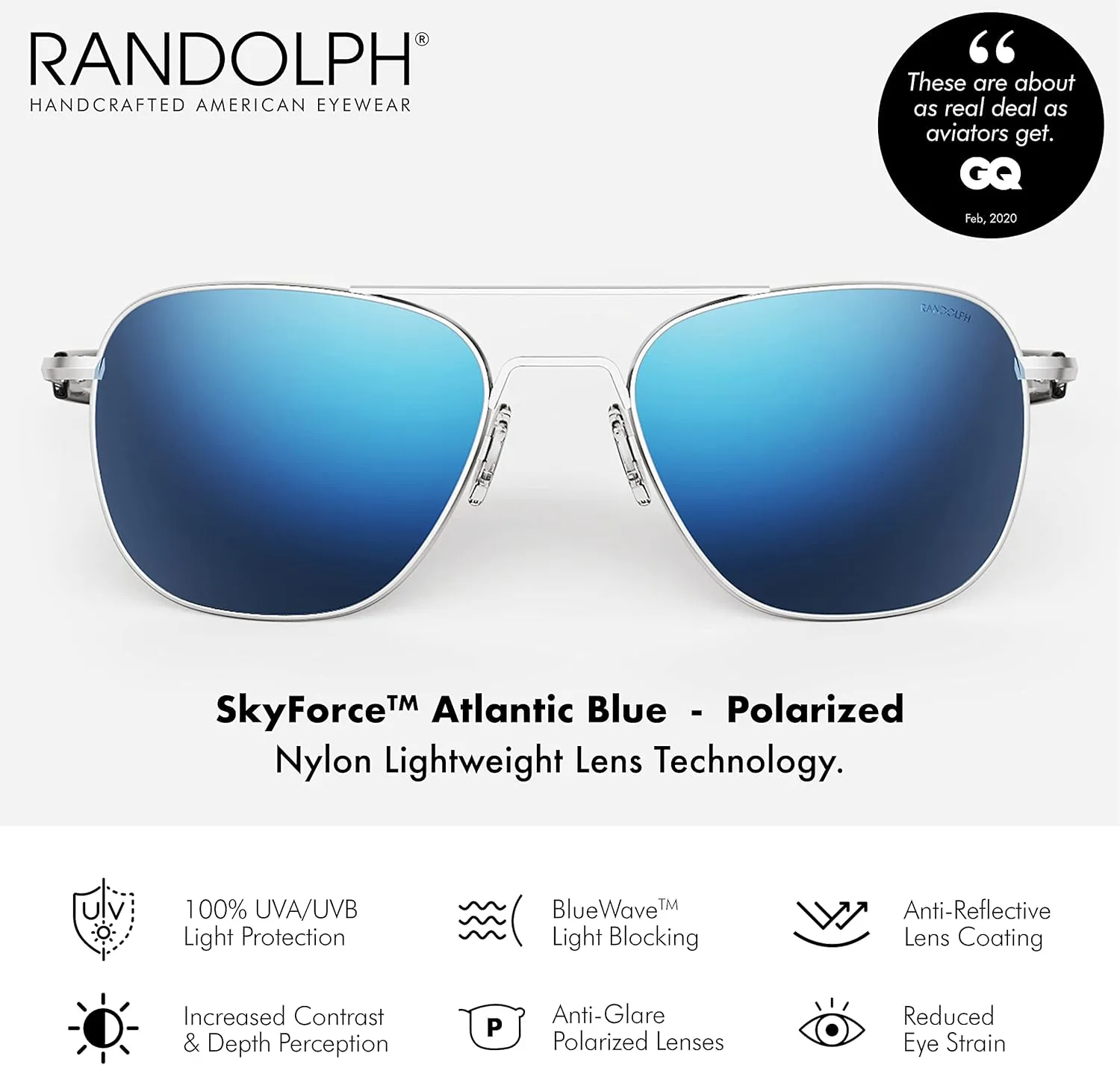 Mens or Womens Aviator Sunglasses, Matte Chrome, Classic, Polarized and Non-Polarized with UV Protection by Randolph USA