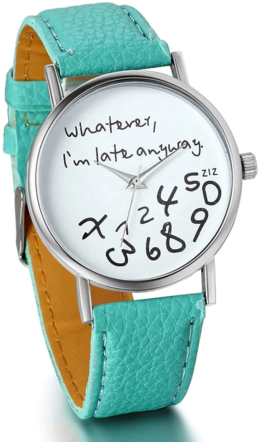 Men's "Whatever, I'm Late Anyway" Leather Strap Quartz Wrist Watch