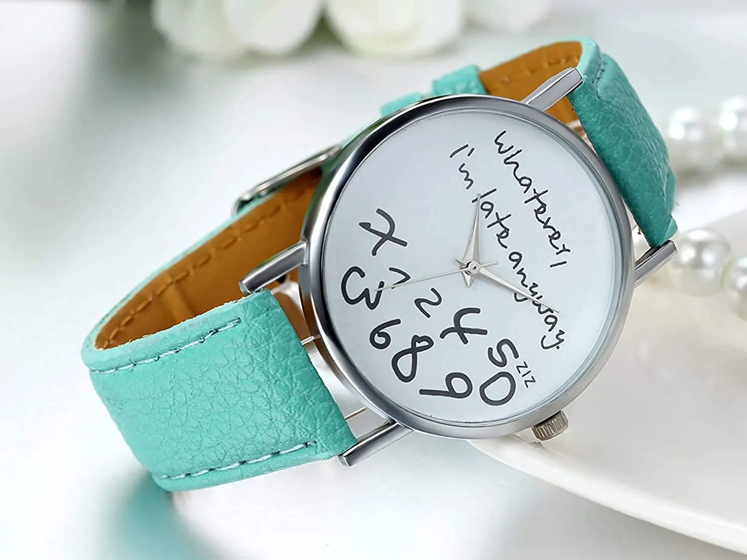Men's "Whatever, I'm Late Anyway" Leather Strap Quartz Wrist Watch