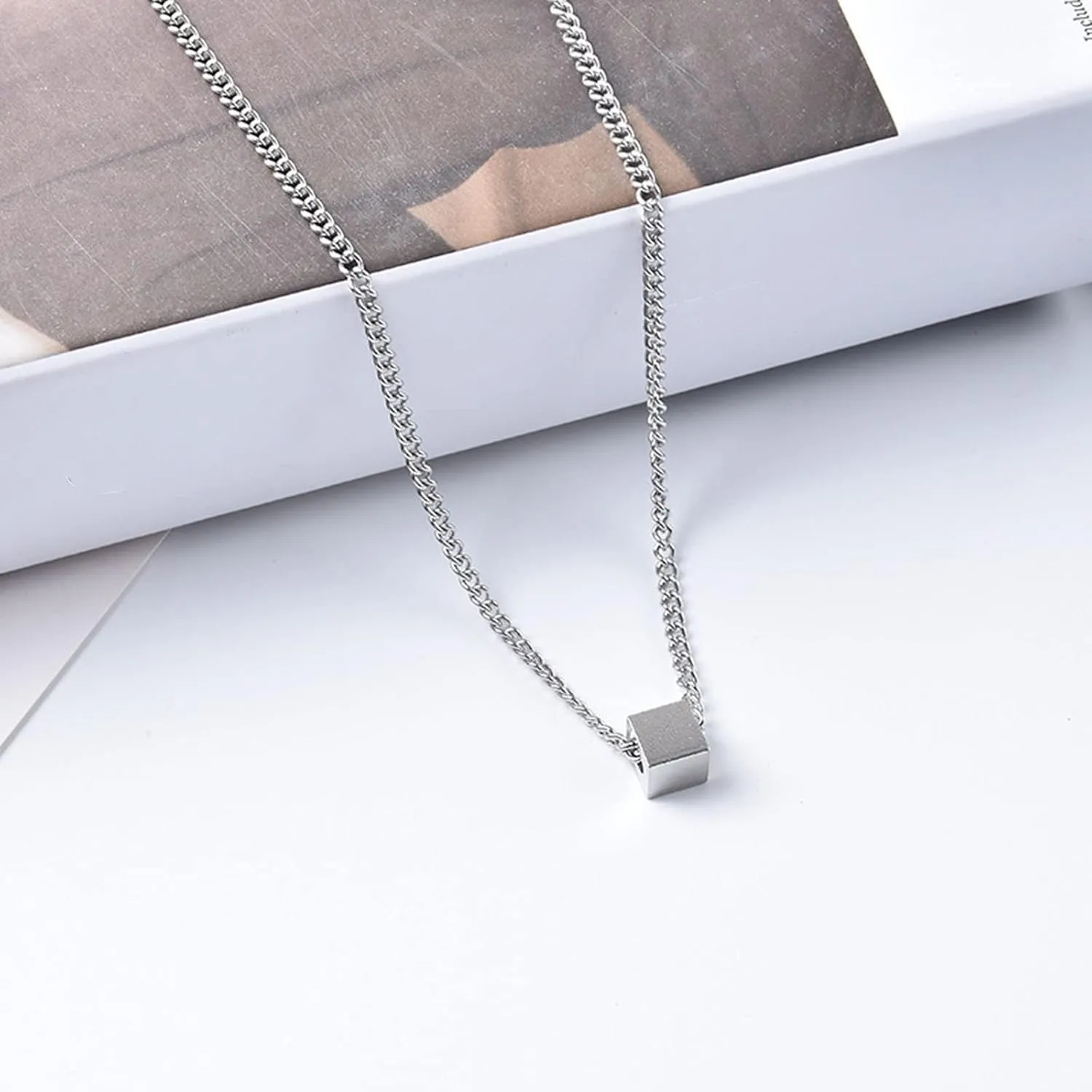 Men's Stainless Steel Pendant Necklaces Square Cube Sweater Chain Minimalist Couple Necklace