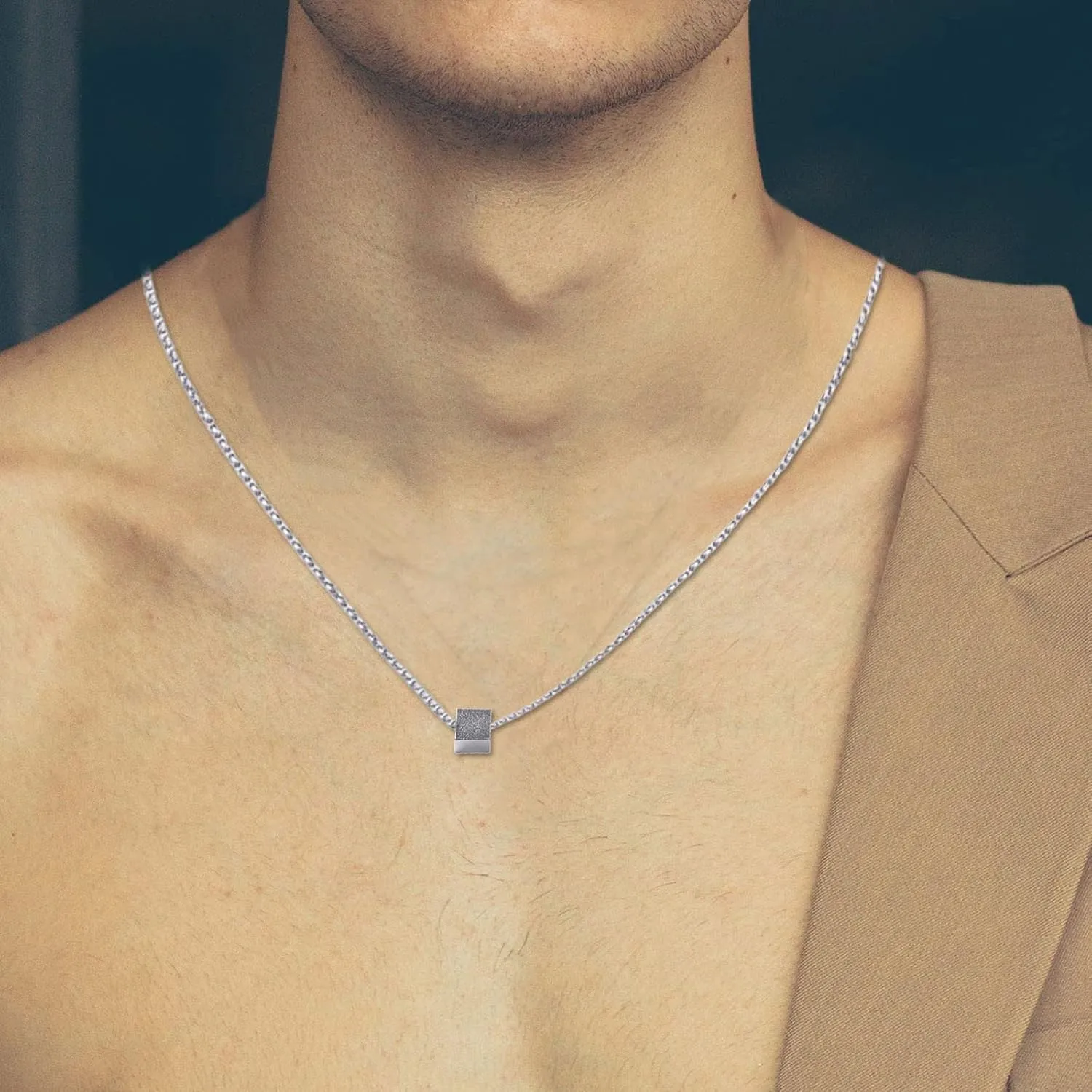 Men's Stainless Steel Pendant Necklaces Square Cube Sweater Chain Minimalist Couple Necklace